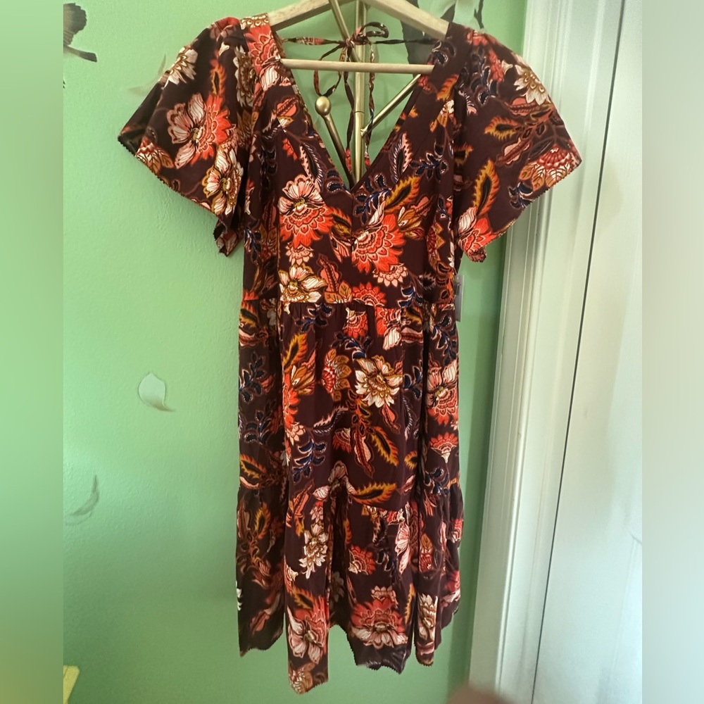 Floral V-Neck Dress - Brown and Orange